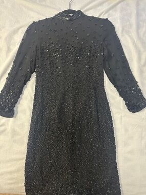 Beaded Black Long-Sleeve Midi Dress